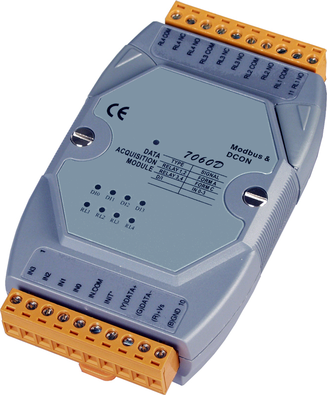 ASIO-7060D: 4Ch Digital Input/Counter, 4Ch Relay Output Module, Modbus