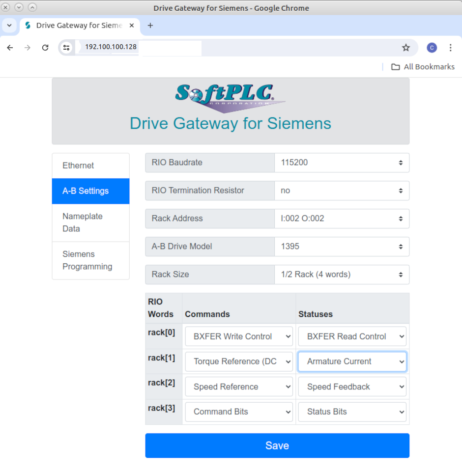Siemens Drive Gateway A-B RIO Settings Page