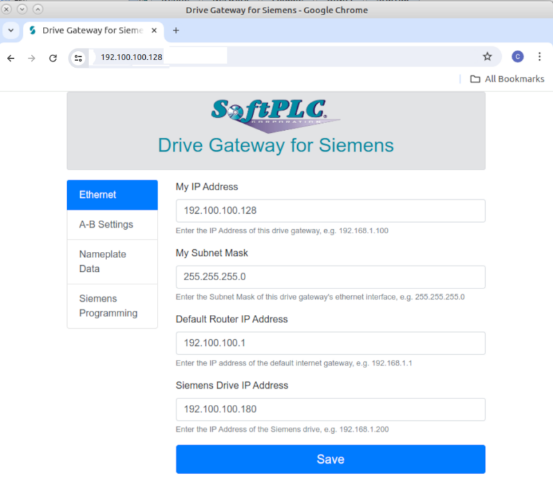 Siemens Drive Gateway Ethernet Settings Page