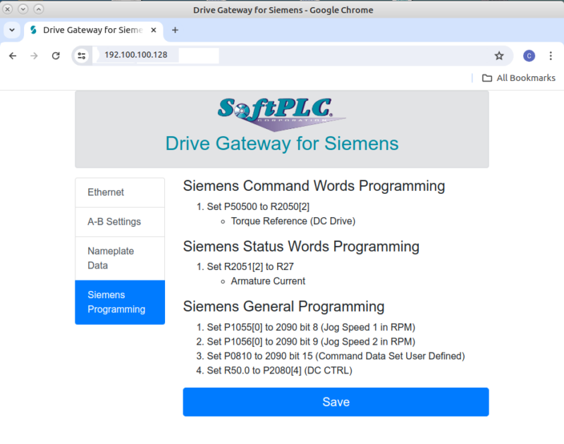 Siemens Drive Gateway Drive Programming Page